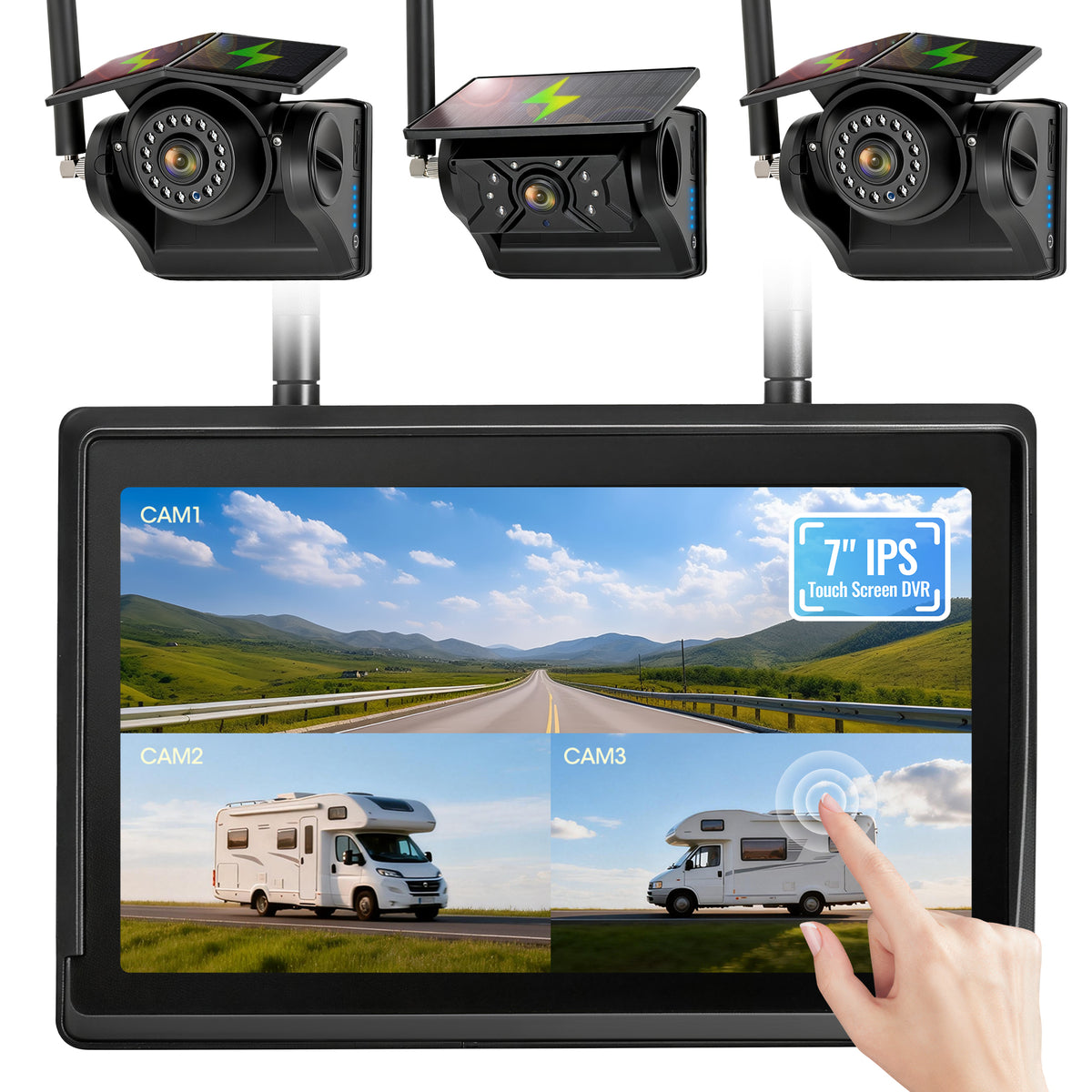 HEECOOMI 3 Solar Magnetic Wireless Camera System, 7" IPS Touchscreen with DVR, 3x9600mAh Rechargeable Side View & Rear View Cameras, IP69K Waterproof & IR Night Vision for Trailer Truck Camper, AH703