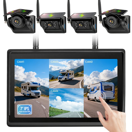 HEECOOMI 4 Magnetic Solar Wireless Backup Camera System, 7" IPS Touchscreen, 2 Rearview + 2 Sideview Night Vision Cameras for Hitching Trailer Tractor, 4x9600mAh Rechargeable Solar Battery, AH704