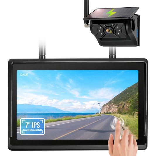 HEECOOMI Magnetic Solar Wireless Backup Camera System, 7" IPS Touchscreen with DVR, Rechargeable IR Night Vision Rear View Camera, Zero Wiring RV Camera for Hitching Trailers/Fifth Wheels/Campers, AH7