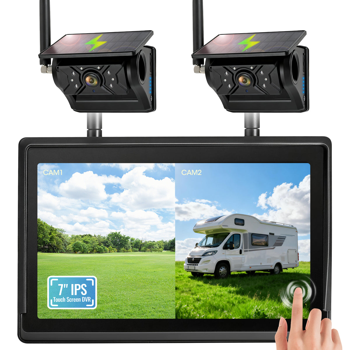 HEECOOMI 2 Magnetic Solar Wireless Backup Camera System, 7" IPS Touchscreen with DVR, Dual Rechargeable IR Night Vision Rear View Cameras, Zero Wiring for Hitching Trailers/Fifth Wheels/Campers, AH702