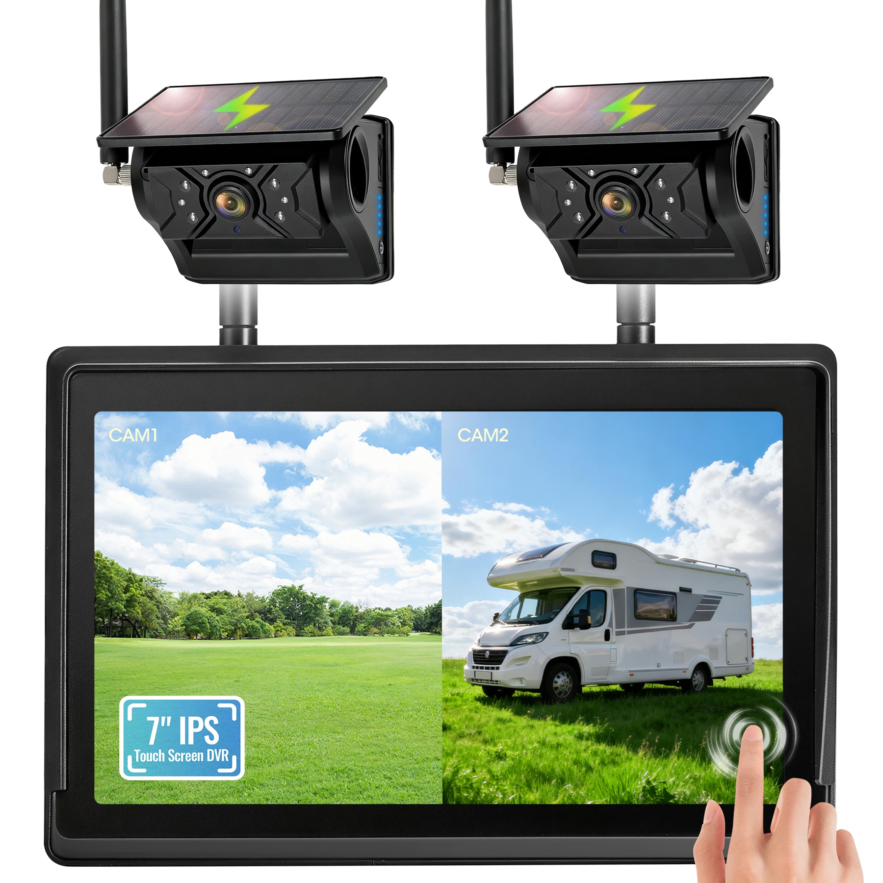 HEECOOMI 2 Magnetic Solar Wireless Backup Camera System, 7" IPS Touchscreen with DVR, Dual Rechargeable IR Night Vision Rear View Cameras, Zero Wiring for Hitching Trailers/Fifth Wheels/Campers, AH702