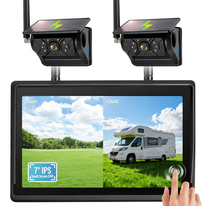 HEECOOMI 2 Magnetic Solar Wireless Backup Camera System, 7" IPS Touchscreen with DVR, Dual Rechargeable IR Night Vision Rear View Cameras, Zero Wiring for Hitching Trailers/Fifth Wheels/Campers, AH702