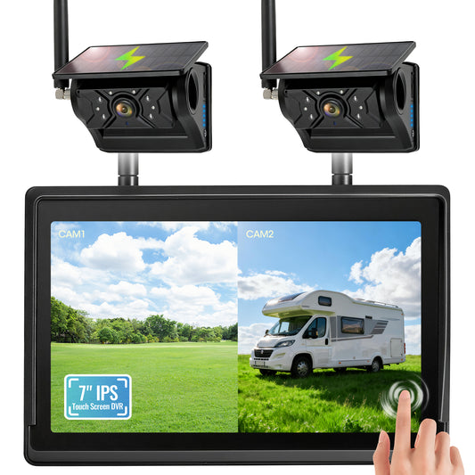 HEECOOMI 2 Magnetic Solar Wireless Backup Camera System, 7" IPS Touchscreen with DVR, Dual Rechargeable IR Night Vision Rear View Cameras, Zero Wiring for Hitching Trailers/Fifth Wheels/Campers, AH702