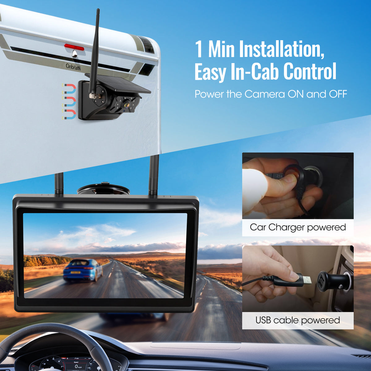 HEECOOMI 4 Magnetic Solar Wireless Backup Camera System, 7" IPS Touchscreen, 2 Rearview + 2 Sideview Night Vision Cameras for Hitching Trailer Tractor, 4x9600mAh Rechargeable Solar Battery, AH704