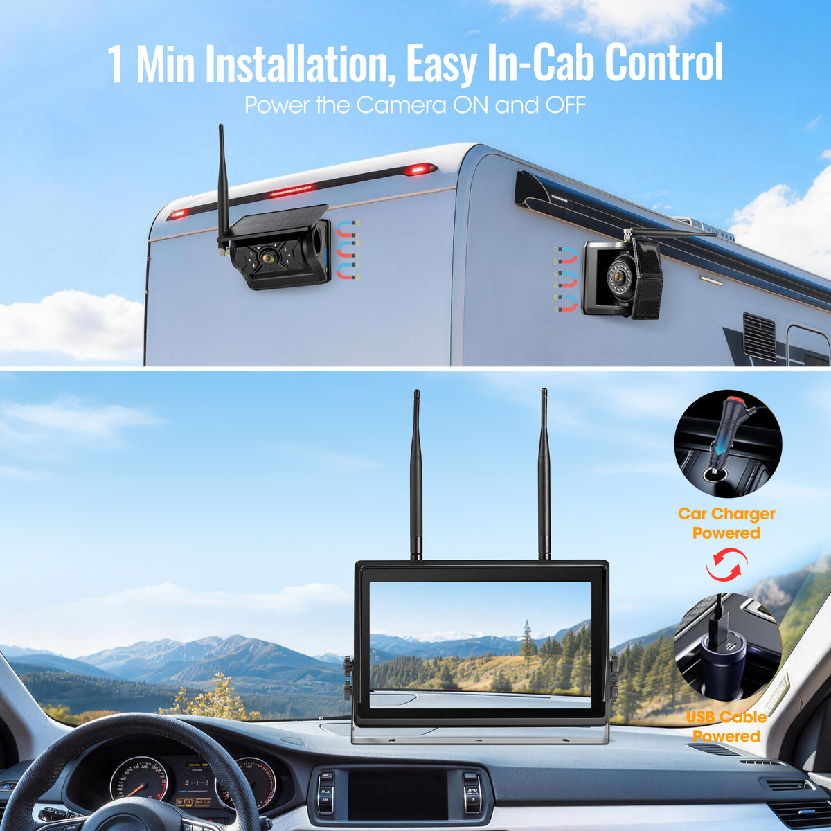 HEECOOMI 4 Magnetic Solar Wireless Backup Camera System, 7" IPS Touchscreen, 2 Rearview + 2 Sideview Night Vision Cameras for Hitching Trailer Tractor, 4x9600mAh Rechargeable Solar Battery, AH704