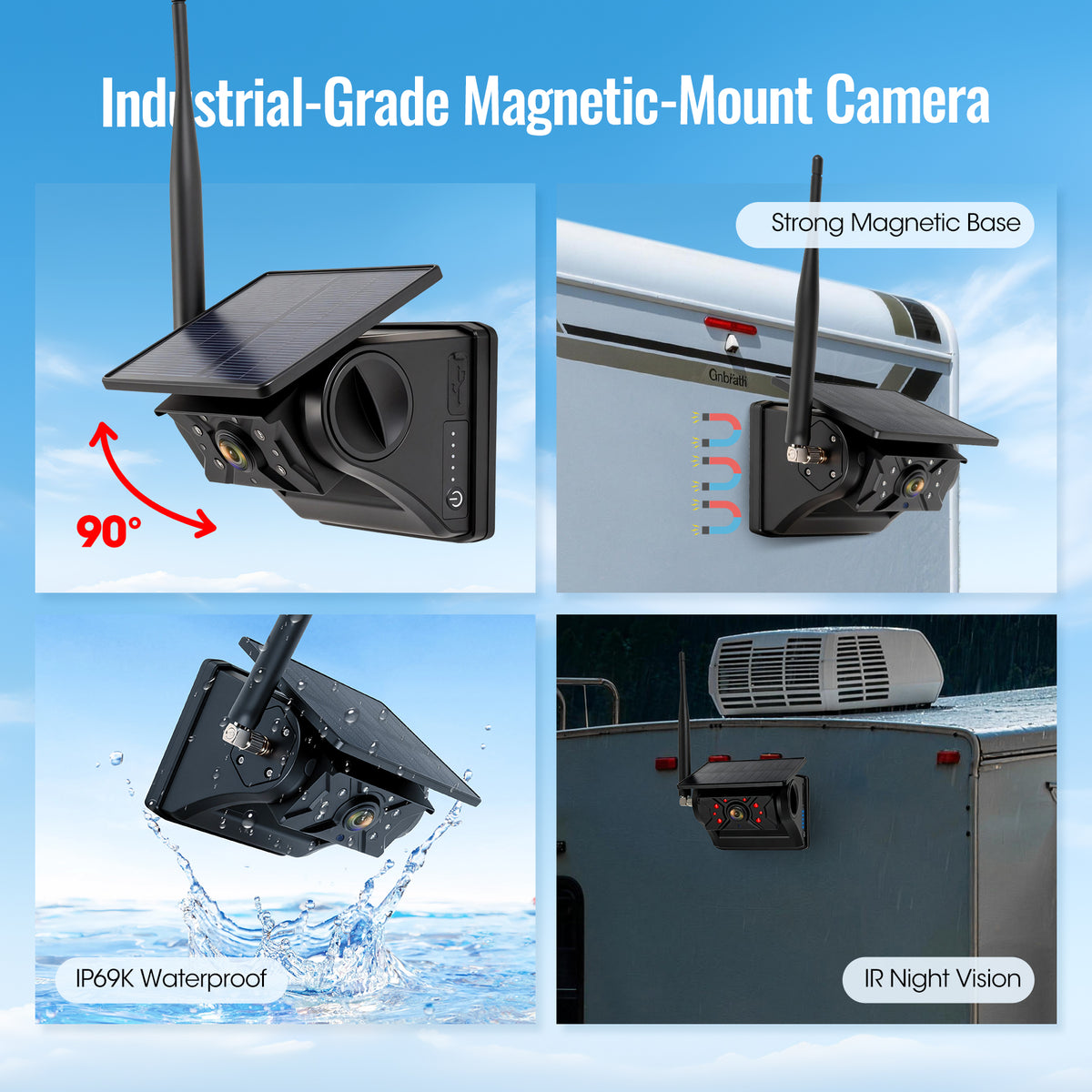 HEECOOMI 4 Magnetic Solar Wireless Backup Camera System, 10.1" IPS DVR Touchscreen, 2 Rearview + 2 Sideview Night Vision Cameras for Hitching Trailer Camper, 4x9600mAh Rechargeable Solar Battery, AT4
