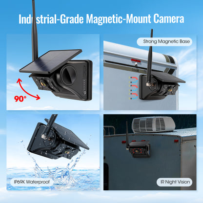 HEECOOMI 4 Magnetic Solar Wireless Backup Camera System, 10.1" IPS DVR Touchscreen, 2 Rearview + 2 Sideview Night Vision Cameras for Hitching Trailer Camper, 4x9600mAh Rechargeable Solar Battery, AT4