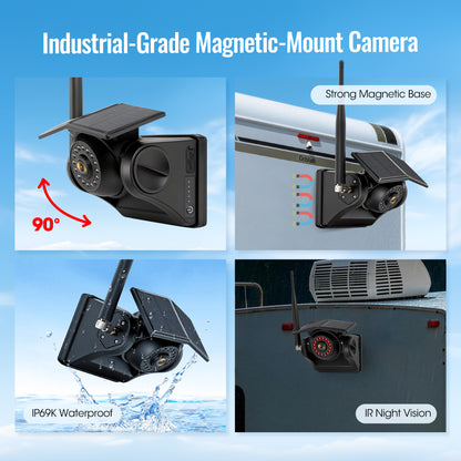 HEECOOMI 4 Magnetic Solar Wireless Backup Camera System, 10.1" IPS DVR Touchscreen, 2 Rearview + 2 Sideview Night Vision Cameras for Hitching Trailer Camper, 4x9600mAh Rechargeable Solar Battery, AT4
