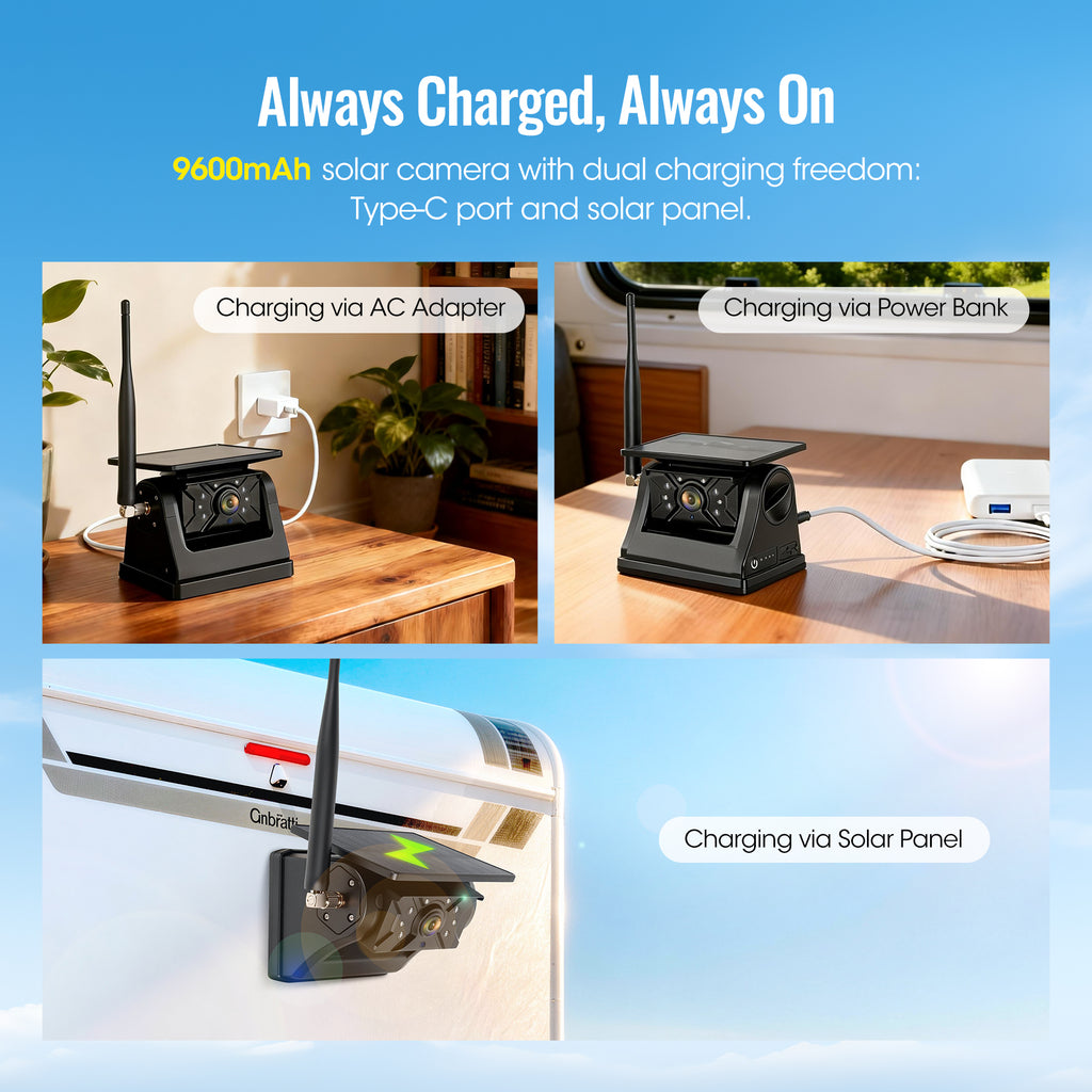 HEECOOMI 2 Magnetic Solar Wireless Backup Camera System, 7" IPS Touchscreen with DVR, Dual Rechargeable IR Night Vision Rear View Cameras, Zero Wiring for Hitching Trailers/Fifth Wheels/Campers, AH702