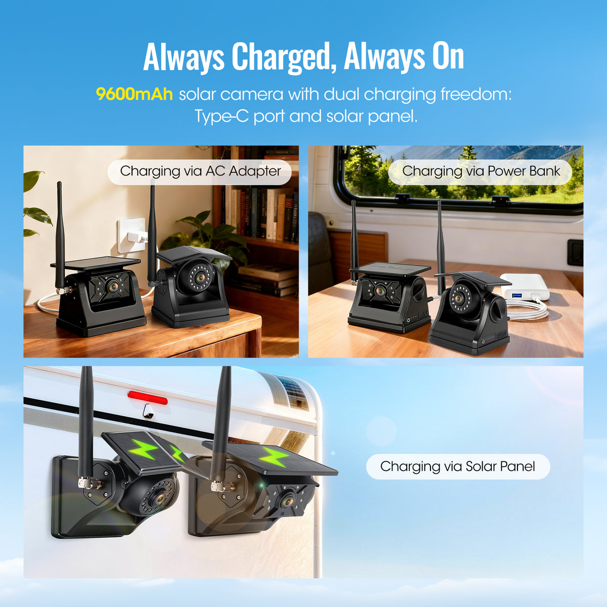 HEECOOMI 4 Magnetic Solar Wireless Backup Camera System, 10.1" IPS DVR Touchscreen, 2 Rearview + 2 Sideview Night Vision Cameras for Hitching Trailer Camper, 4x9600mAh Rechargeable Solar Battery, AT4