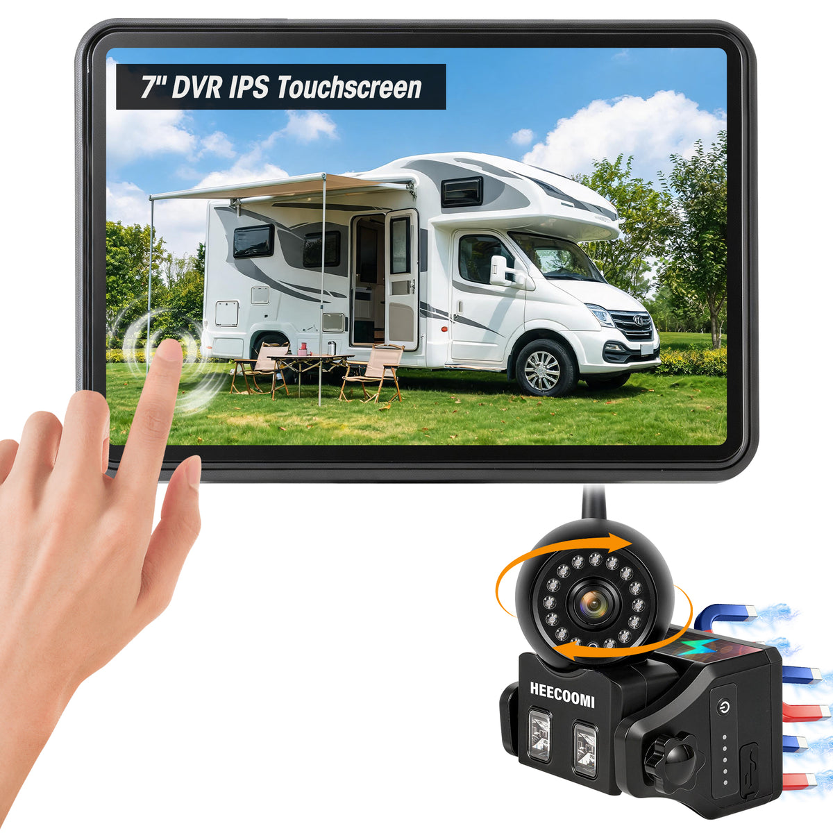 HEECOOMI 360° Magnetic Solar Wireless Backup Camera for Car– 7" 1080P Touchscreen, 360° Rotation, DVR Recording, IP69K Waterproof, Auto-Sleep & Night Vision for RV, Truck, Trailer, SUV & Camper, AR1