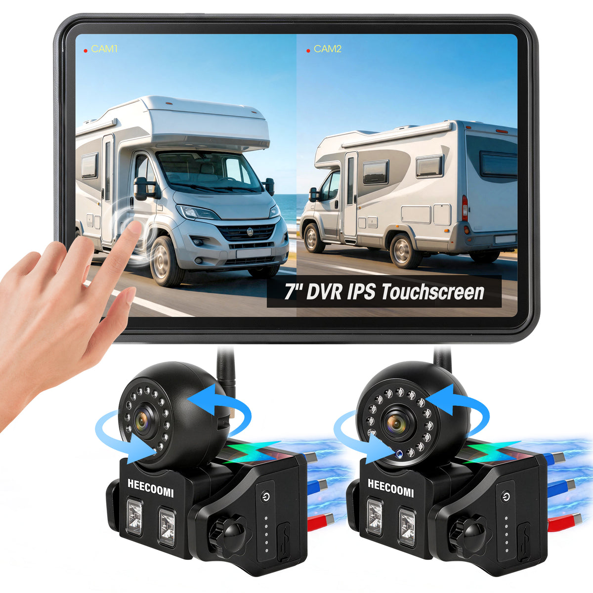 HEECOOMI 360° Magnetic Solar Wireless Backup Camera for Car– 7" 1080P Touchscreen, 360° Rotation, DVR Recording, IP69K Waterproof, Auto-Sleep & Night Vision for RV, Truck, Trailer, SUV & Camper, AR2