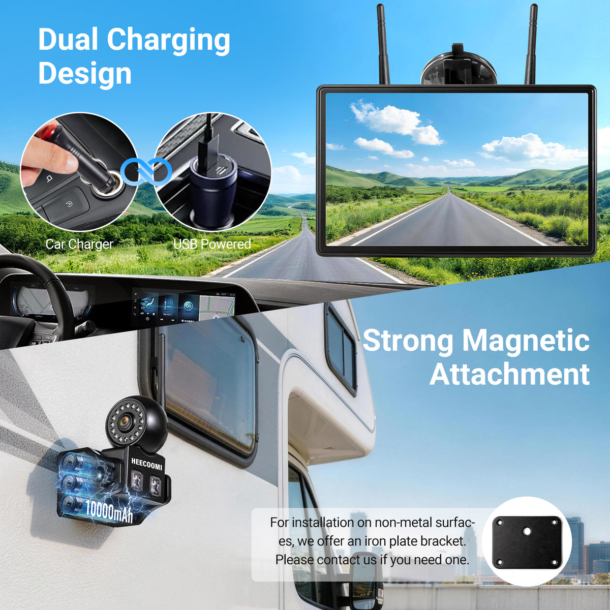 HEECOOMI Magnetic Solar Wireless Backup Camera, 360° Rotating Lens + 10.1" HD Touchscreen DVR, 1000mAh Rechargeable IR Rear+Side-view Camera, Auto-Sleep & Waterproof for RV/Truck/Trailer/Tractor, ART1
