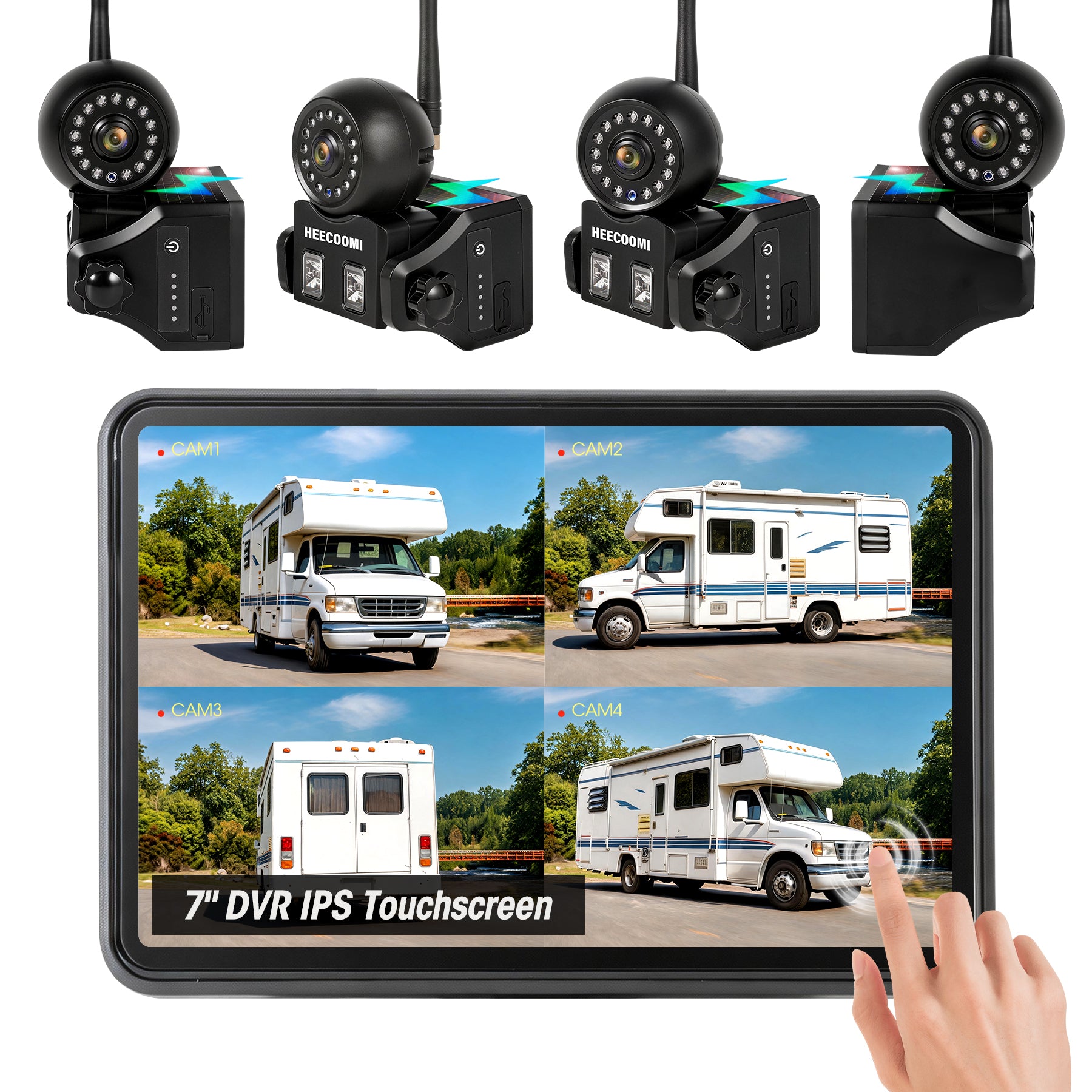HEECOOMI 360° Adjustable Magnetic Solar Wireless Backup Camera System – 7" 1080P Touchscreen, DVR Recording, IP69K Waterproof, Auto-Sleep & Night Vision for RV, Truck, Trailer, SUV & Camper, AR4