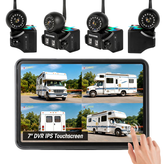 HEECOOMI 360° Adjustable Magnetic Solar Wireless Backup Camera System – 7" 1080P Touchscreen, DVR Recording, IP69K Waterproof, Auto-Sleep & Night Vision for RV, Truck, Trailer, SUV & Camper, AR4