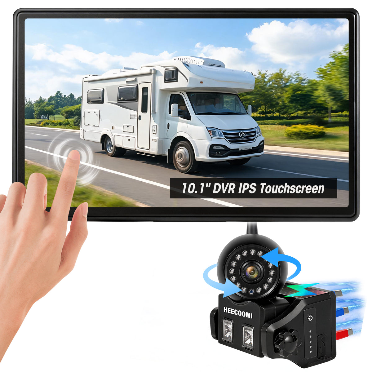 HEECOOMI Magnetic Solar Wireless Backup Camera, 360° Rotating Lens + 10.1" HD Touchscreen DVR, 1000mAh Rechargeable IR Rear+Side-view Camera, Auto-Sleep & Waterproof for RV/Truck/Trailer/Tractor, ART1
