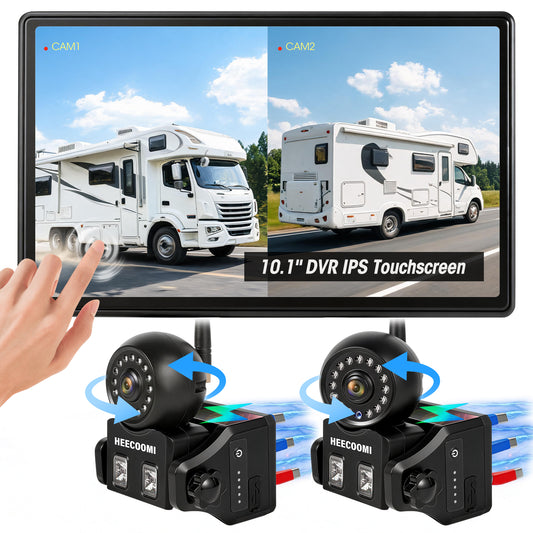 HEECOOMI 2 Magnetic Solar Wireless Backup Camera, 360° Rotating Lens + 10.1" HD Touchscreen DVR, 4x1000mAh Rechargeable IR Rear+Side-View Cameras, Auto-Sleep & Waterproof for RV/Truck/Trailer, ART2