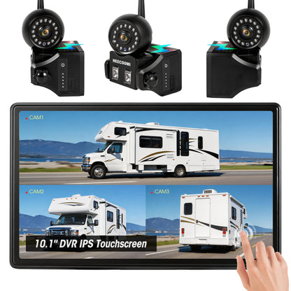 HEECOOMI 3 Magnetic Solar Wireless Backup Camera, 360° Rotating Lens + 10.1" HD Touchscreen DVR, 3x1000mAh Rechargeable IR Rear+Side-View Cameras, Auto-Sleep & Waterproof for RV/Truck/Trailer, ART3