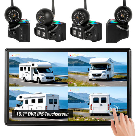 HEECOOMI 4 Magnetic Solar Wireless Backup Camera, 360° Rotating Lens + 10.1" HD Touchscreen DVR, 4x1000mAh Rechargeable IR Rear+Side-View Cameras, Auto-Sleep & Waterproof for RV/Truck/Trailer, ART4