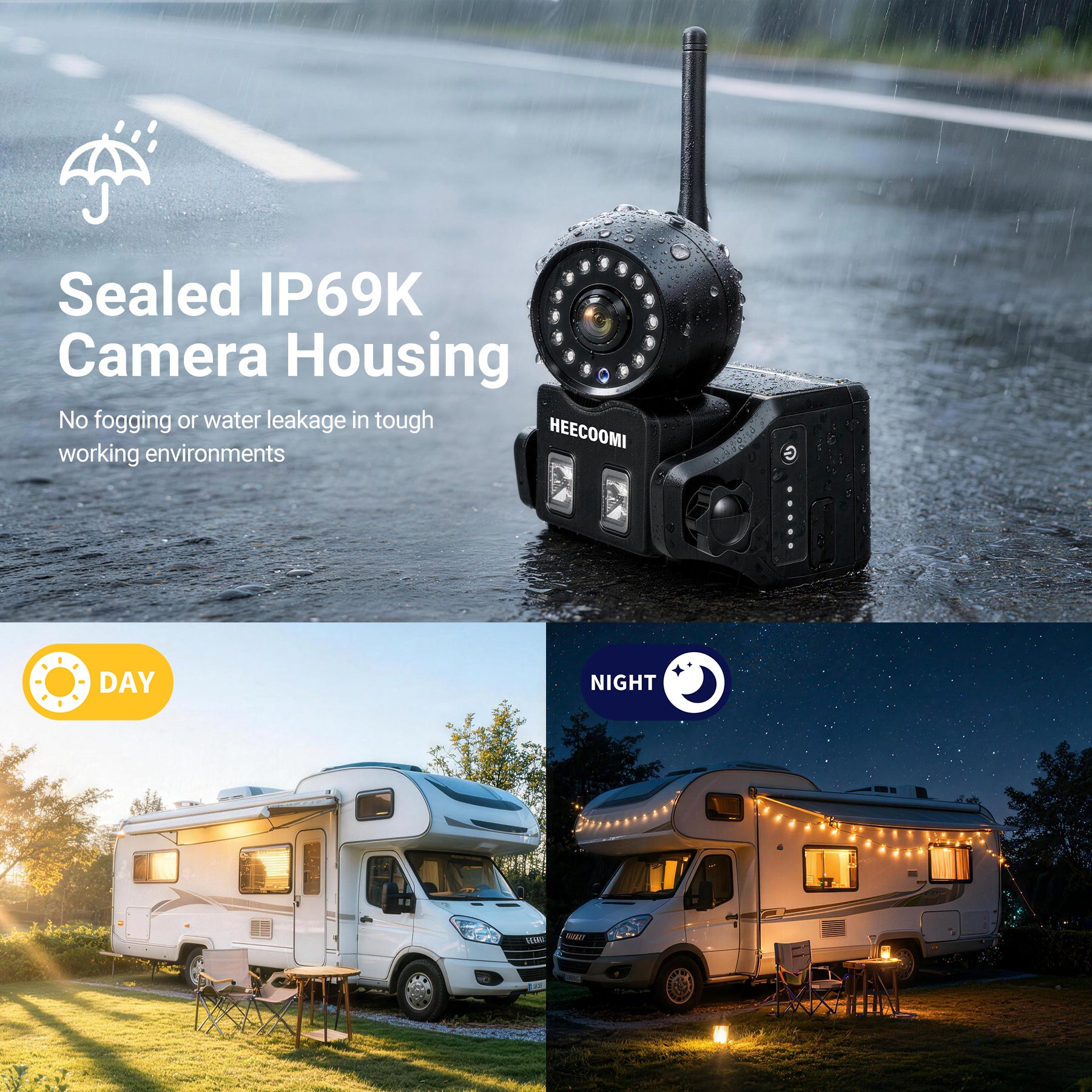 HEECOOMI 360° Adjustable Magnetic Solar Wireless Backup Camera System – 7" 1080P Touchscreen, DVR Recording, IP69K Waterproof, Auto-Sleep & Night Vision for RV, Truck, Trailer, SUV & Camper, AR4