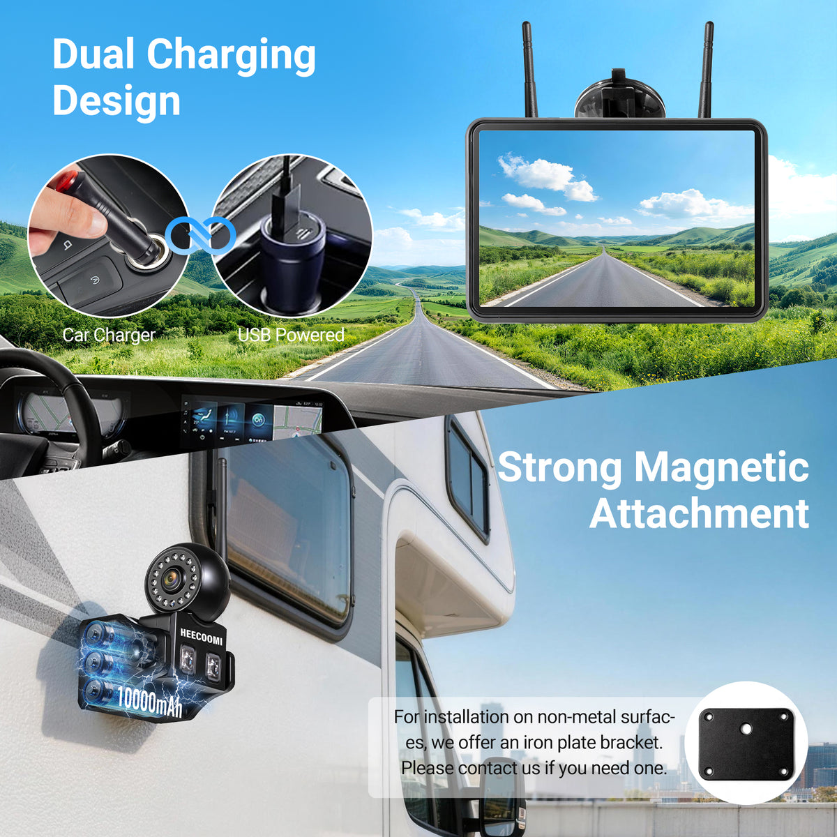 HEECOOMI 360° Magnetic Solar Wireless Backup Camera for Car– 7" 1080P Touchscreen, 360° Rotation, DVR Recording, IP69K Waterproof, Auto-Sleep & Night Vision for RV, Truck, Trailer, SUV & Camper, AR1