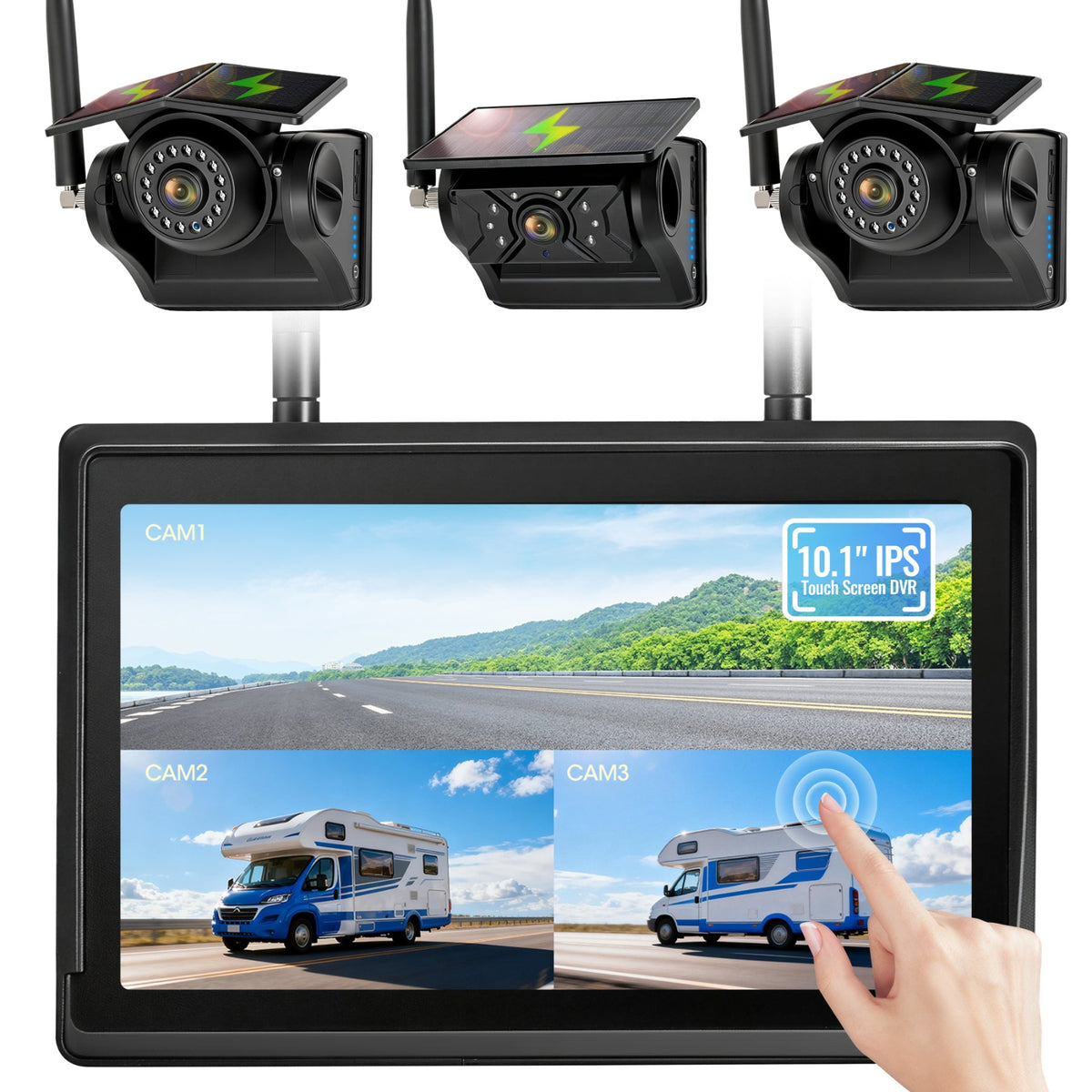 HEECOOMI 3 Solar Magnetic Wireless Camera System, 10.1" IPS DVR Touchscreen, 3x9600mAh Rechargeable Sideview + Rearview Cameras, IP69K Waterproof & IR Night Vision for Hitching Trailer Camper, AT3