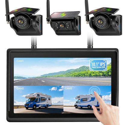 HEECOOMI 3 Solar Magnetic Wireless Camera System, 10.1" IPS DVR Touchscreen, 3x9600mAh Rechargeable Sideview + Rearview Cameras, IP69K Waterproof & IR Night Vision for Hitching Trailer Camper, AT3