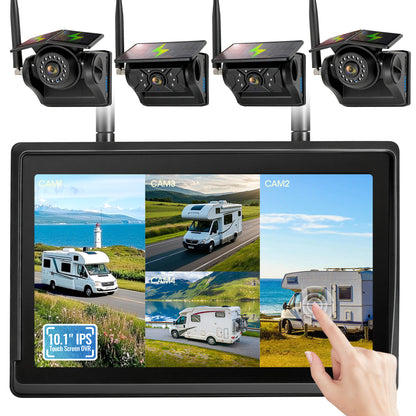 HEECOOMI 4 Magnetic Solar Wireless Backup Camera System, 10.1" IPS DVR Touchscreen, 2 Rearview + 2 Sideview Night Vision Cameras for Hitching Trailer Camper, 4x9600mAh Rechargeable Solar Battery, AT4