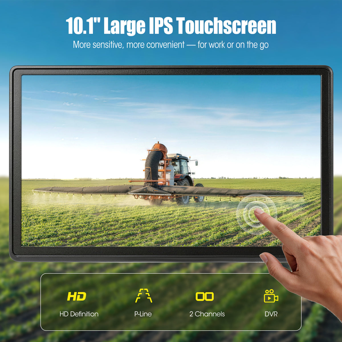 HEECOOMI 10.1" DVR IPS Touchscreen & 2 AHD Wired Backup Cameras, IP69K Water/Dust Proof Rear Camera, 1080P Quad Split Screen & 20G Vibration-Proof Camera for Hitching, Farm Work, UTV, Tractor, Trailer