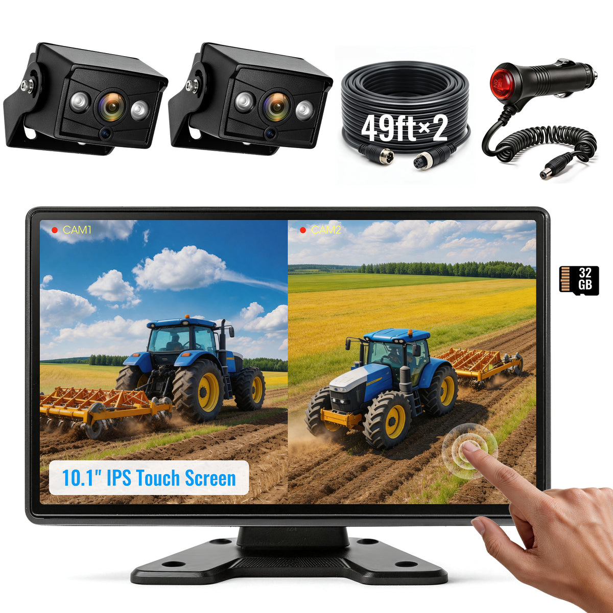 HEECOOMI 10.1" DVR IPS Touchscreen & 2 AHD Wired Backup Cameras, IP69K Water/Dust Proof Rear Camera, 1080P Quad Split Screen & 20G Vibration-Proof Camera for Hitching, Farm Work, UTV, Tractor, Trailer