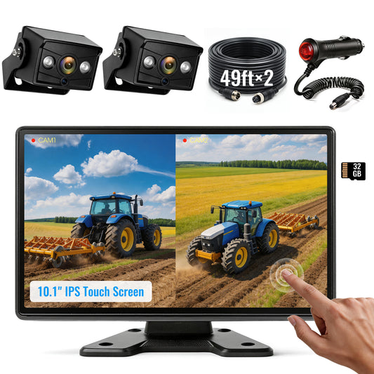 HEECOOMI 10.1" DVR IPS Touchscreen & 2 AHD Wired Backup Cameras, IP69K Water/Dust Proof Rear Camera, 1080P Quad Split Screen & 20G Vibration-Proof Camera for Hitching, Farm Work, UTV, Tractor, Trailer