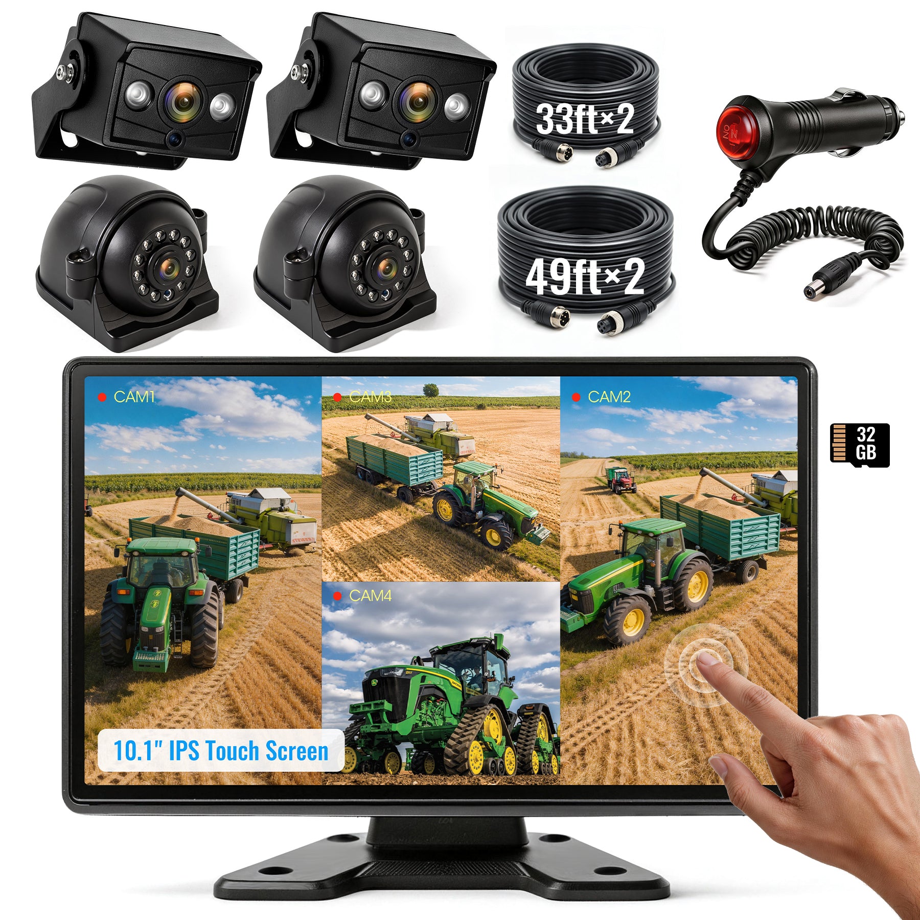HEECOOMI 1080P Wired Backup Camera System, 10.1" DVR IPS Touchscreen + 4 IP69K Water/Dust Proof Rear & Side Cameras, Vibration-Proof 20G for Hitching, Farm Work, UTV, Trailer, Tractor, Truck, Combine