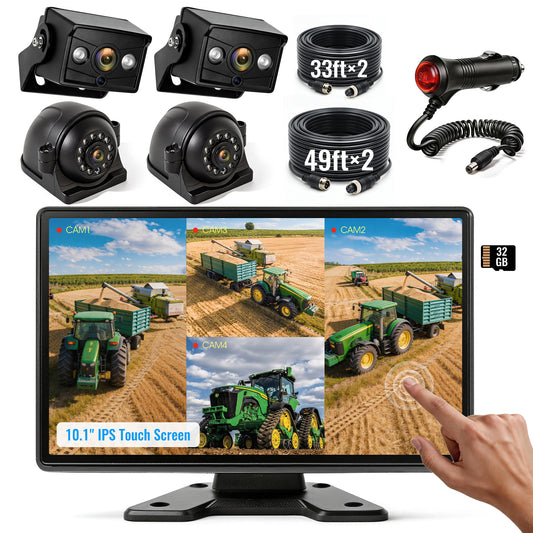 HEECOOMI 1080P Wired Backup Camera System, 10.1" DVR IPS Touchscreen + 4 IP69K Water/Dust Proof Rear & Side Cameras, Vibration-Proof 20G for Hitching, Farm Work, UTV, Trailer, Tractor, Truck, Combine