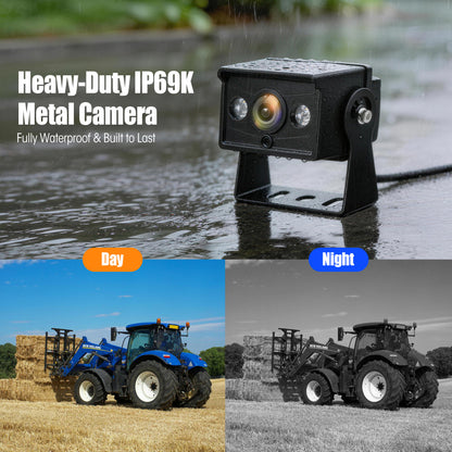 HEECOOMI 10.1" DVR IPS Touchscreen & 2 AHD Wired Backup Cameras, IP69K Water/Dust Proof Rear Camera, 1080P Quad Split Screen & 20G Vibration-Proof Camera for Hitching, Farm Work, UTV, Tractor, Trailer
