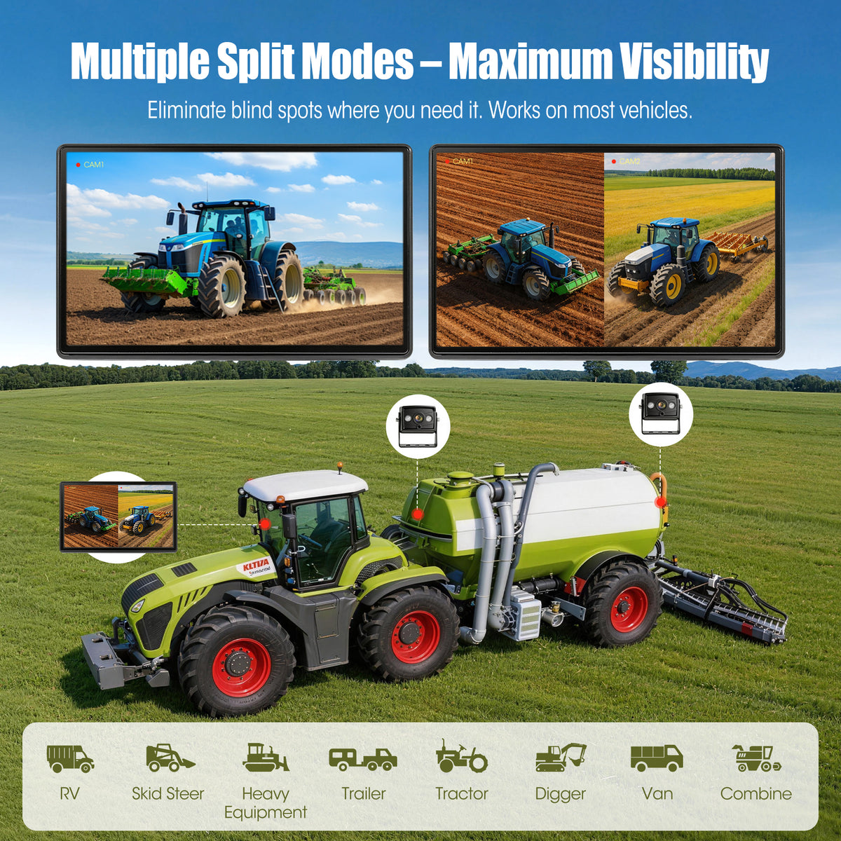 HEECOOMI 10.1" DVR IPS Touchscreen & 2 AHD Wired Backup Cameras, IP69K Water/Dust Proof Rear Camera, 1080P Quad Split Screen & 20G Vibration-Proof Camera for Hitching, Farm Work, UTV, Tractor, Trailer