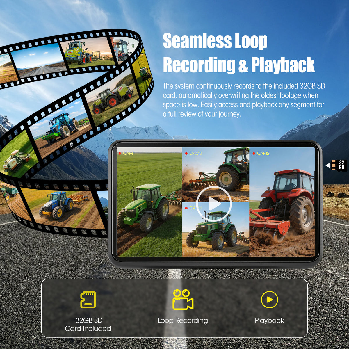 HEECOOMI 1080P Wired Backup Camera System, 10.1" DVR IPS Touchscreen + 4 IP69K Water/Dust Proof Rear & Side Cameras, Vibration-Proof 20G for Hitching, Farm Work, UTV, Trailer, Tractor, Truck, Combine