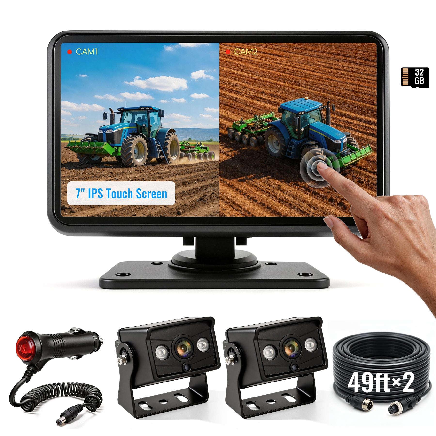 HEECOOMI 2 Wired Backup Camera System, 7" DVR IPS Touchscreen with Dual AHD IP69K Water/Dust Proof Rear Cameras, Vibration-Proof 20G for Hitching, Farm Work, UTV, Tractor, Truck, Trailer, Combine