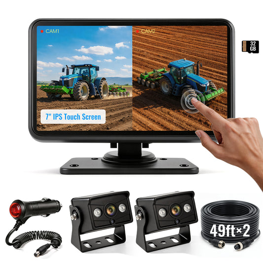 HEECOOMI 2 Wired Backup Camera System, 7" DVR IPS Touchscreen with Dual AHD IP69K Water/Dust Proof Rear Cameras, Vibration-Proof 20G for Hitching, Farm Work, UTV, Tractor, Truck, Trailer, Combine
